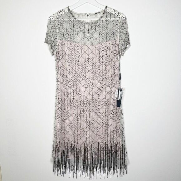 TAHARI Winter Beaded Fringe Mini Dress  - Picture 2 of 15